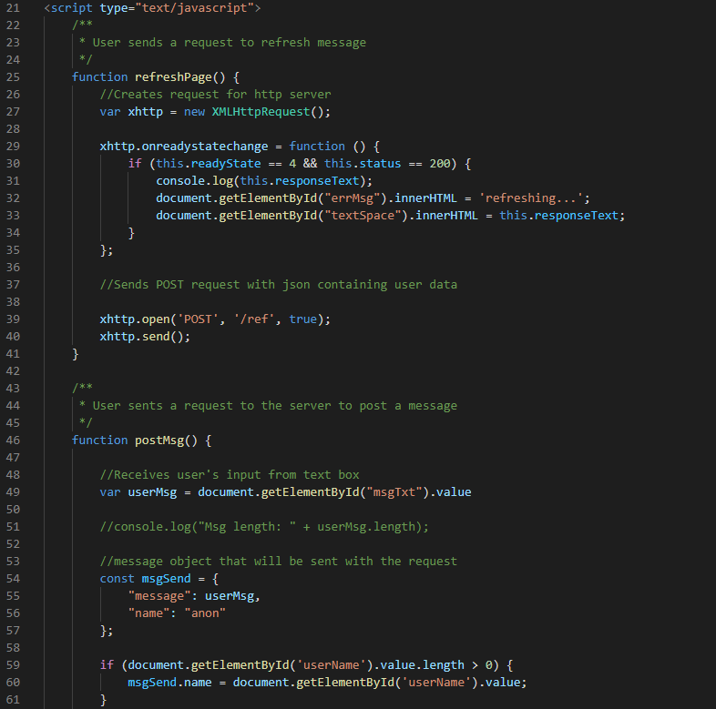 Sample of the code written, containing the functions for refreshing the page and parts of posting a message