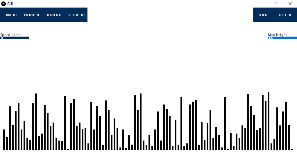 A sample of the GUI with an unsorted list and buttons that select the sorting algorithm that will be used