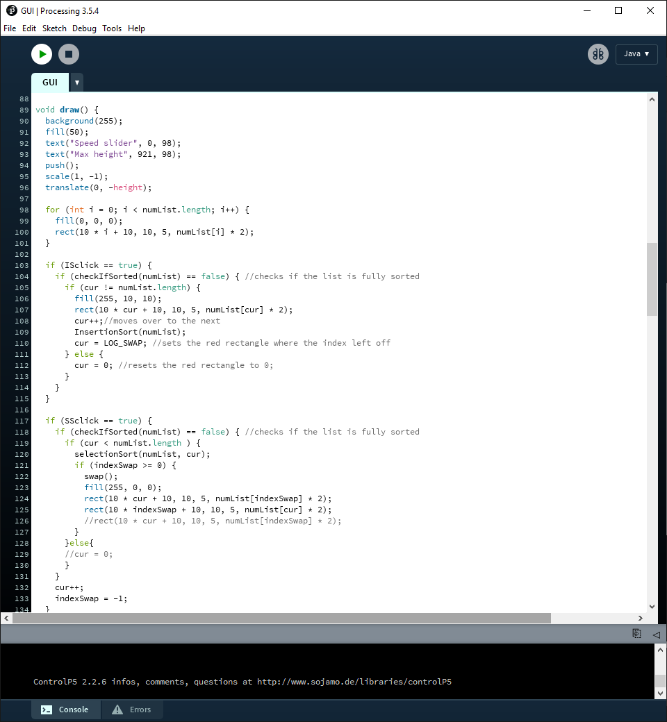 Sample of the code that was used to create the program. The Processing environment is visible, as well as its similarities to Java